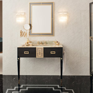 Вдохновленный линиями стиля Art Deco, Walton представляет собой ценный предмет мебели для ванных комнат.
Желание передать изысканность выражается в выборе самых качественных материалов: драгоценного мрамора, хромированных или позолоченных металлов, зеркал, украшенных фаской по периметру и всё это позволяет данной мебели быть уникальной и неповторимой. Столешница может быть реализована в мраморе, представленным в большом ассортименте. Тумба из цельной древесины доступна в широком диапазоне цветов и отделок.
